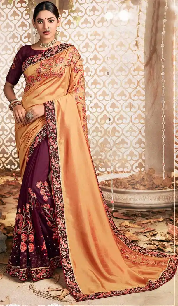 Musterd And Maroon Color Chanderi Silk Designer Party Wear Saree -769494651