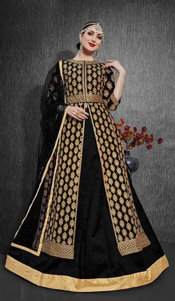 Black Color Heavy Silk Designer Pakitani Eid Wear Lehenga Suit -766294288