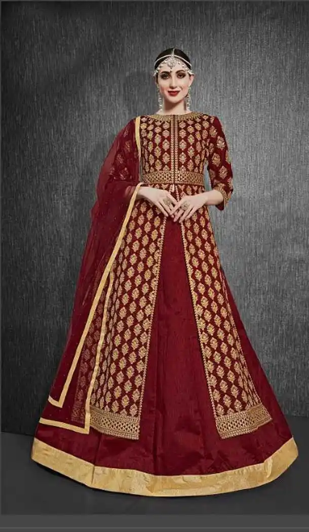 Maroon Color Heavy Silk Designer Pakitani Eid Wear Lehenga Suit -766294289