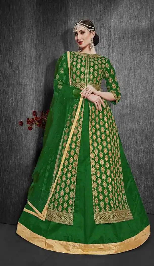 Green Color Heavy Silk Designer Pakitani Eid Wear Lehenga Suit -766294290