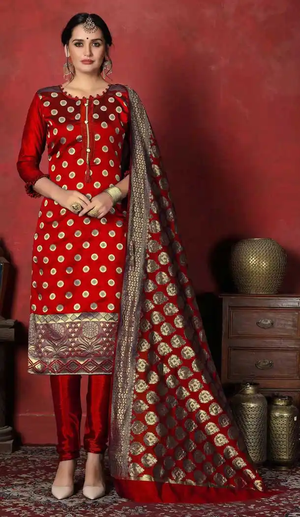 Red Color Banarasi Silk Casual Office Wear Salwar Kameez -767594403