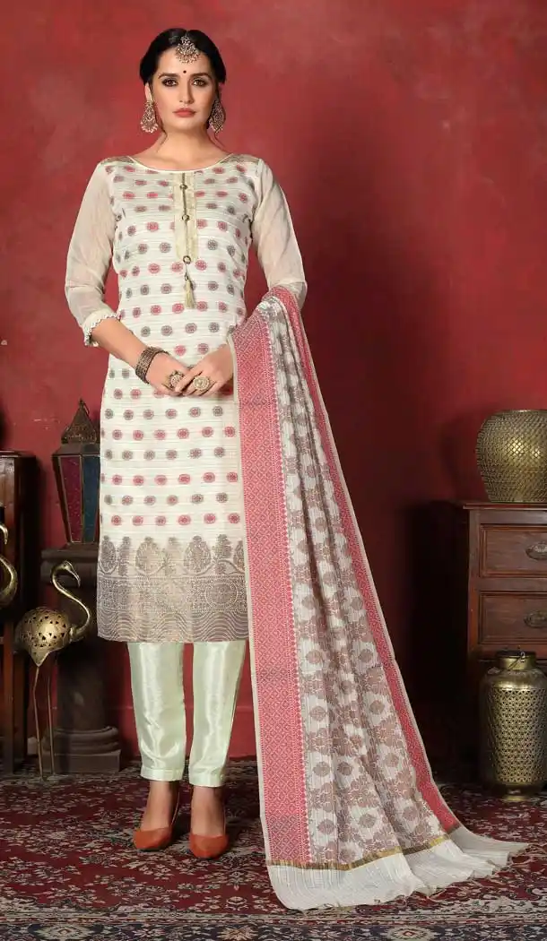 Off White Color Banarasi Silk Casual Office Wear Salwar Kameez -767594407