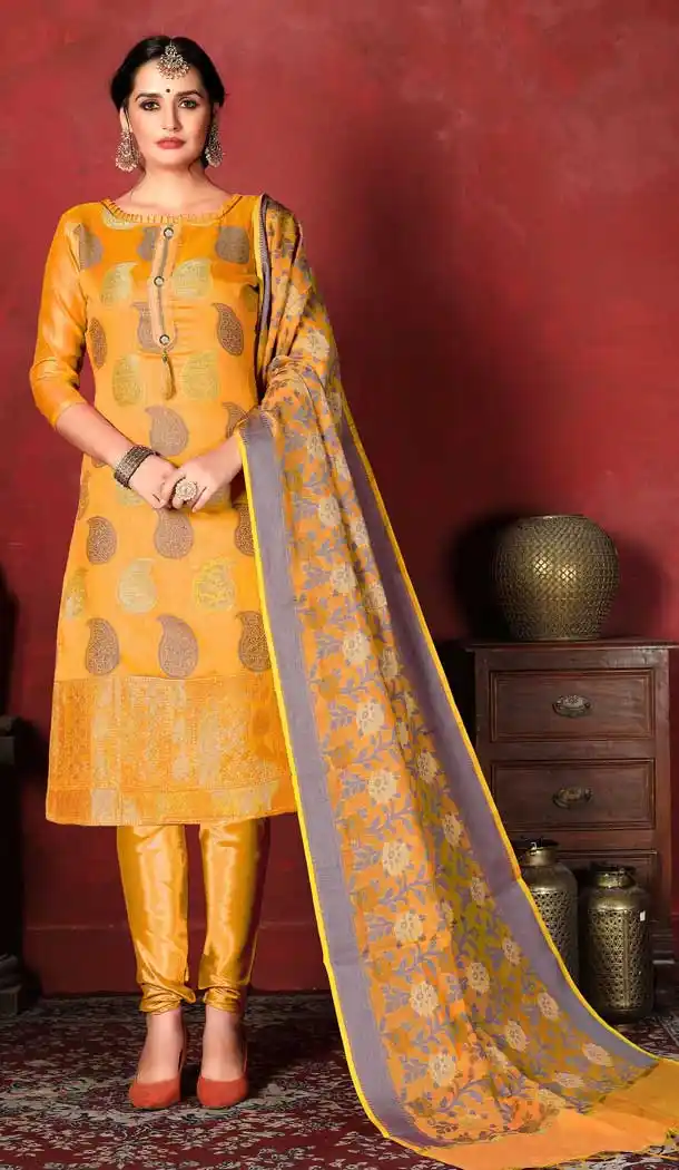 Yellow Color Banarasi Silk Casual Office Wear Salwar Kameez -767594411