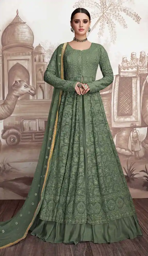 Forest Green Color Heavy Faux Georgette Designer Anarkali Suits -770094693