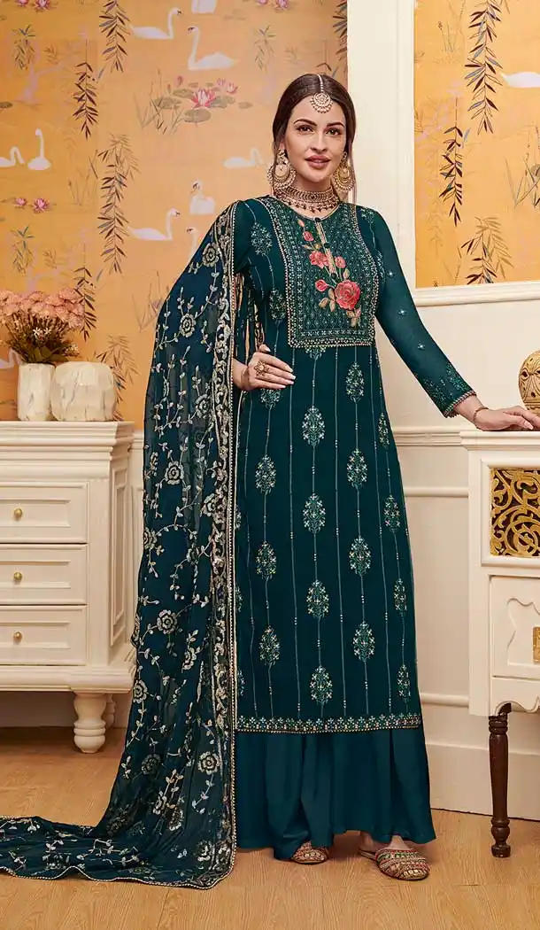 Teal Blue Color Foux Gourgette Party Wear Girl Palazzo Suits -771094759