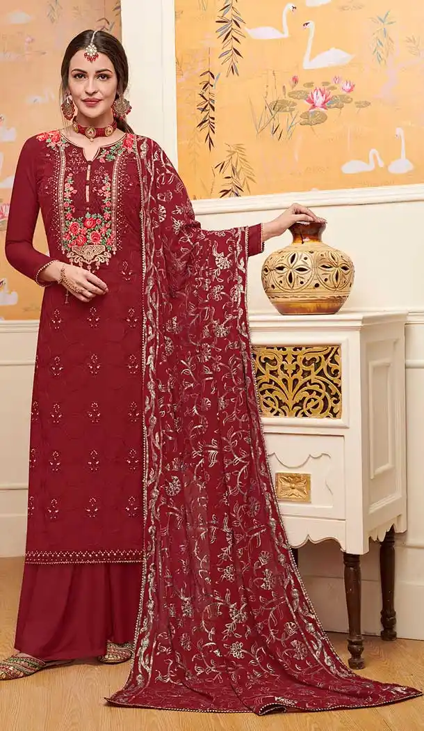 Maroon Color Foux Gourgette Party Wear Girl Palazzo Suits -771094760