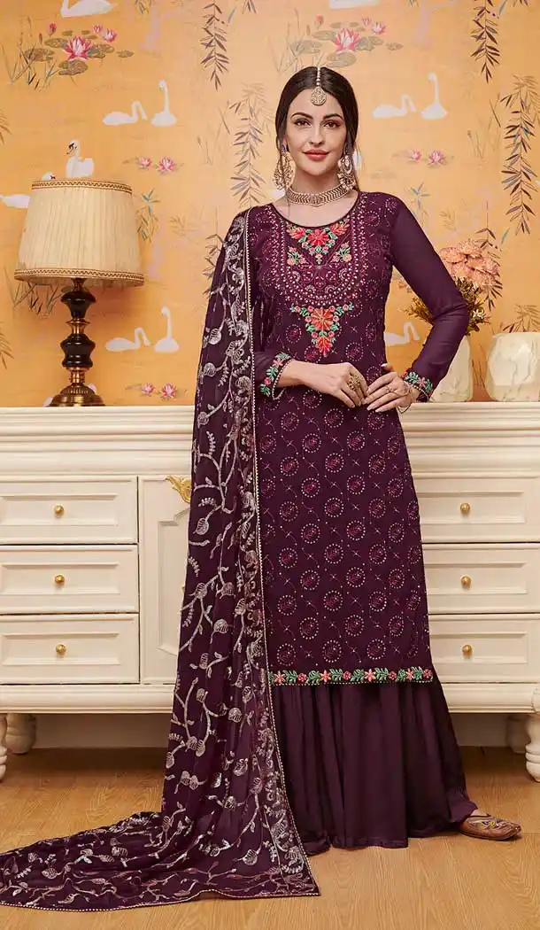 Purple Color Foux Gourgette Party Wear Girl Palazzo Suits -771094762