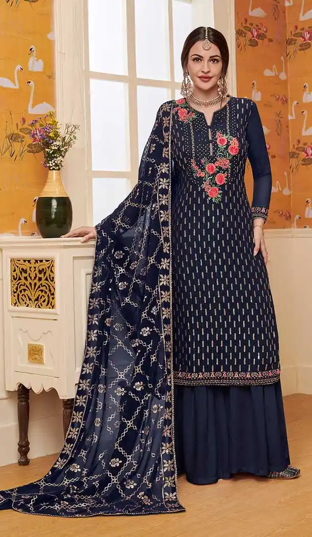Navy Blue Color Foux Gourgette Party Wear Girl Palazzo Suits -771094763