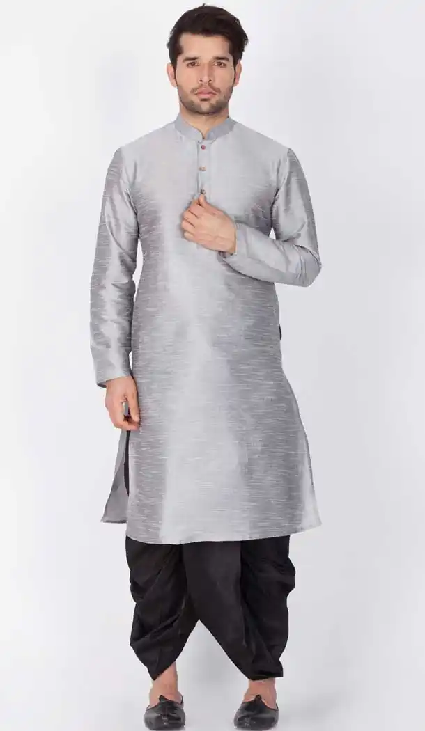 Enticing Grey Color Banarasi Dhupion Silk Readymade Plus Size Dhoti Kurta -765194139