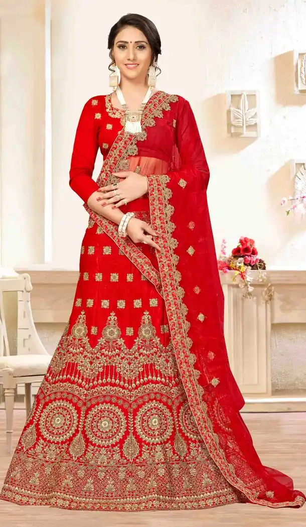 Mesmerizing Red Satin Silk Traditional Wear Plus Size Lehenga Choli -767194377