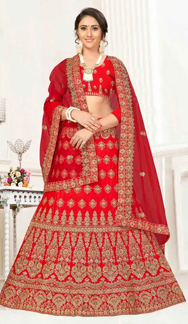 Glamour Red Satin Silk Traditional Wear Plus Size Lehenga Choli -767194382