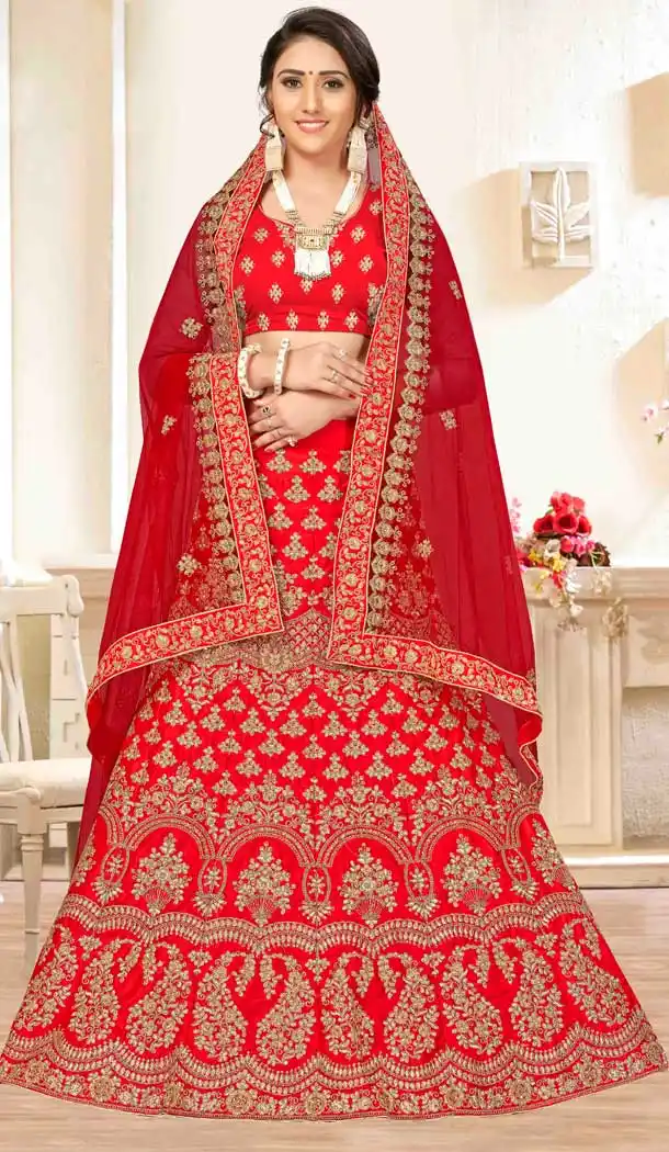 Divine Red Satin Silk Traditional Wear Plus Size Lehenga Choli -767194383