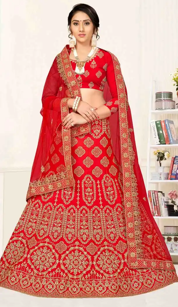 Fancy Red Satin Silk Traditional Wear Plus Size Lehenga Choli -767494396