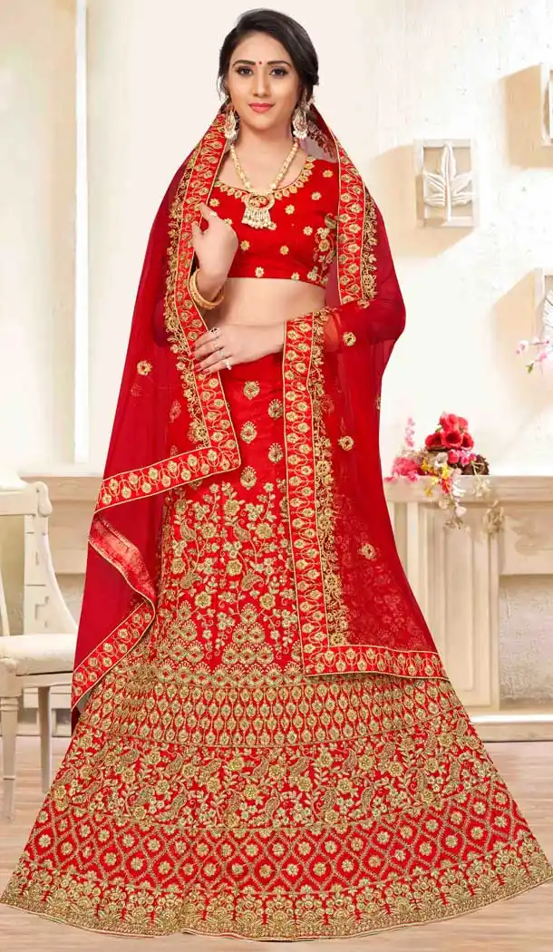 Eleganc Red Satin Silk Traditional Wear Plus Size Lehenga Choli -767494402