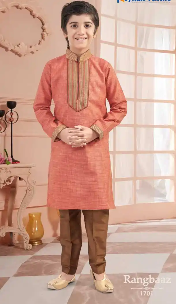 Traditional Peach Color Silk Readymade Kid Boys Kurta Pajama -VOL171701