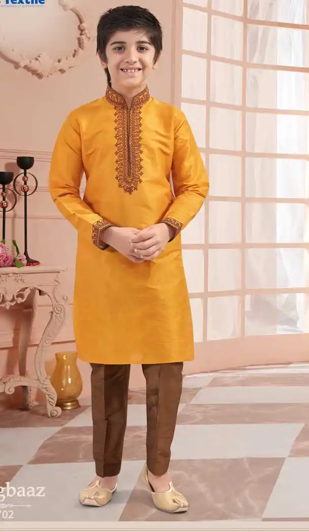 Mango Color Art Silk Readymade Kid Boys Kurta Pajama -VOL171702