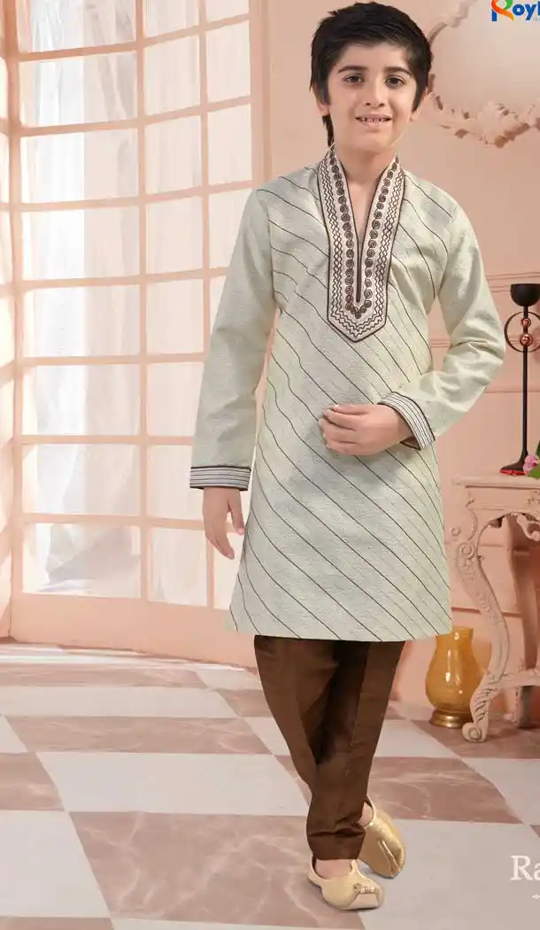 Cream Color Jaquard Readymade Kid Boys Kurta Pajama -VOL171703
