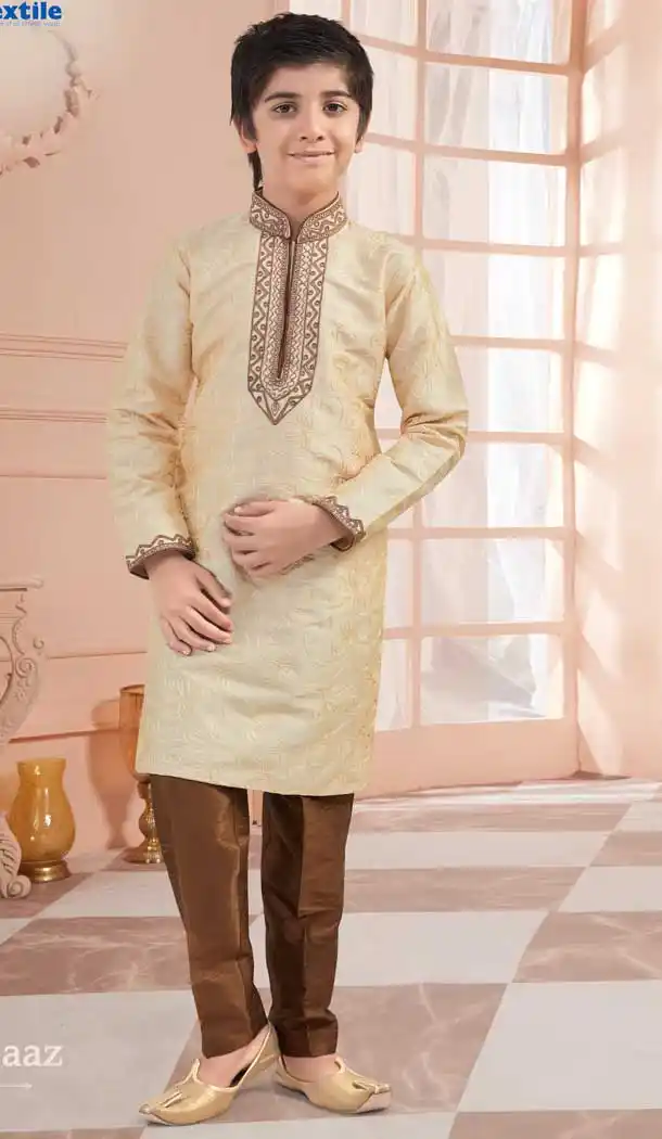 Ethnic Gold Color Art Silk Readymade Kid Boys Kurta Pajama -VOL171704