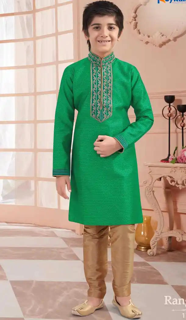 Green Color Jaquard Readymade Kid Boys Kurta Pajama -VOL171705