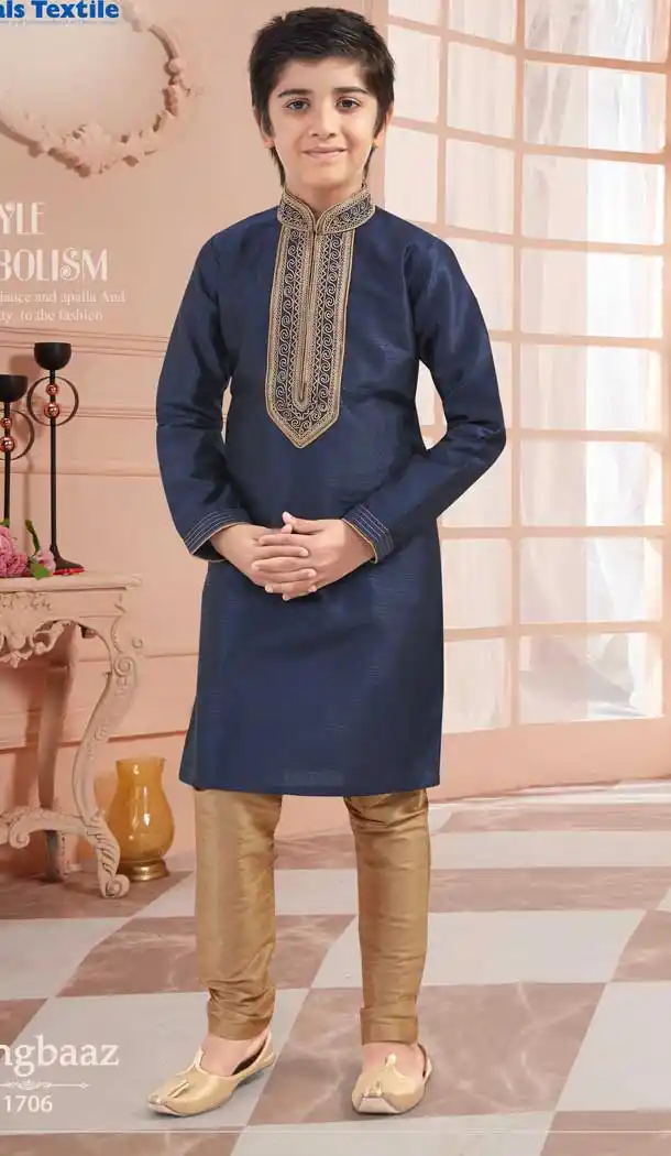 Navy Blue Color Banglore Silk Readymade Kid Boys Kurta Pajama -VOL171706