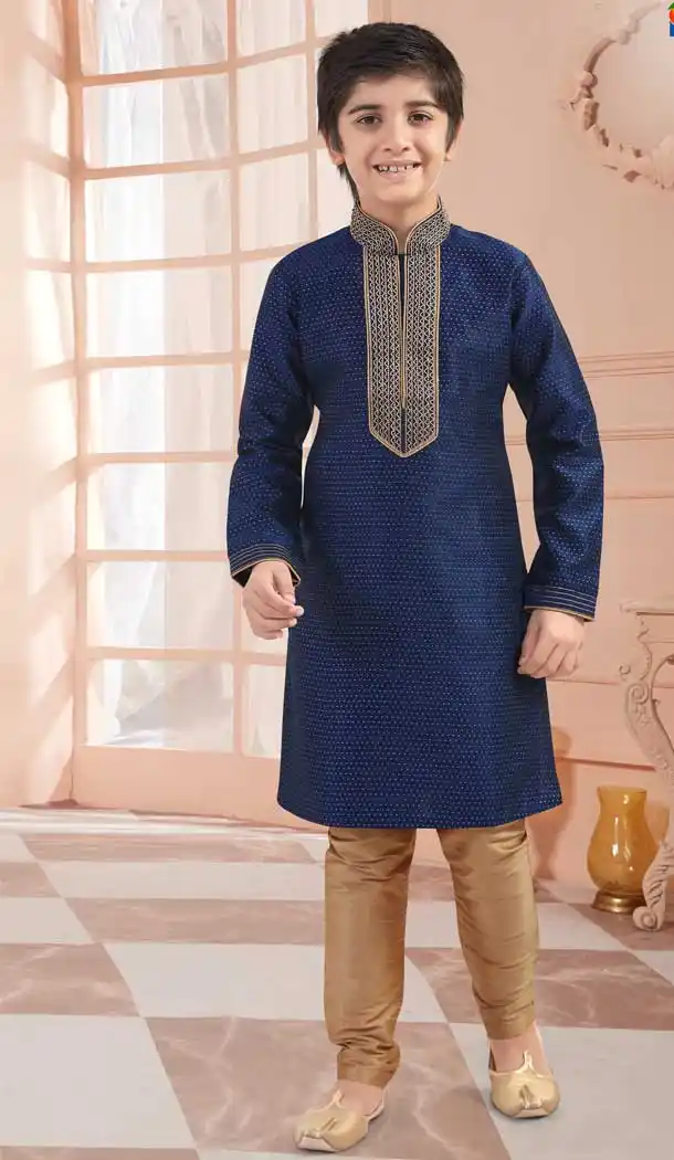 Navy Blue Color Jaquard Readymade Kid Boys Kurta Pajama -VOL171707