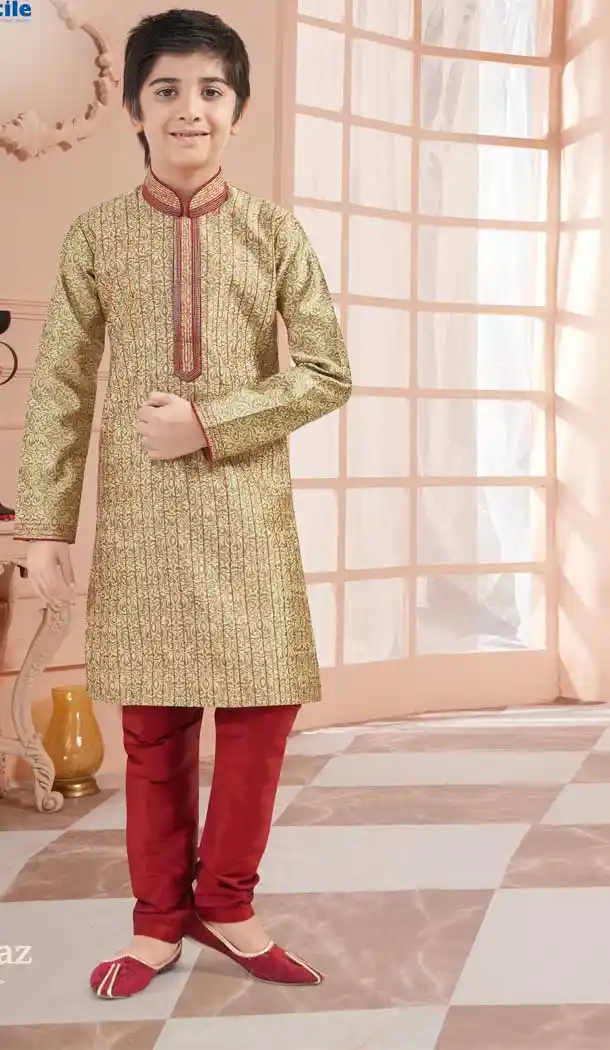Beige Color Jaquard Readymade Kid Boys Kurta Pajama -VOL171710