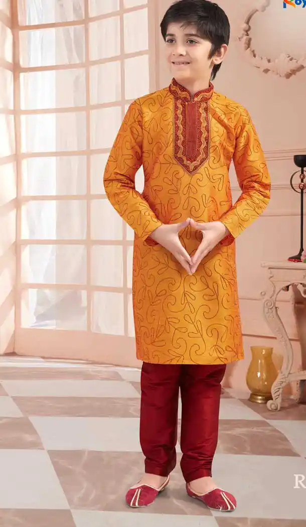 Musterd Color Art Silk Readymade Kid Boys Kurta Pajama -VOL171711