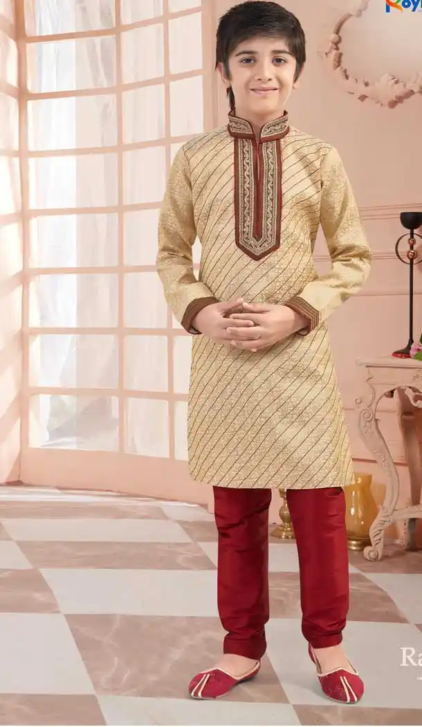 Gold Color Jaquard Readymade Kid Boys Kurta Pajama -VOL171713