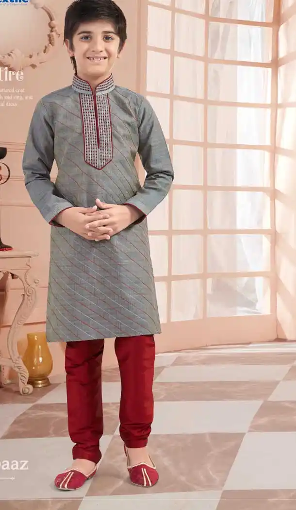 Grey Color Silk Readymade Kid Boys Kurta Pajama -VOL171714