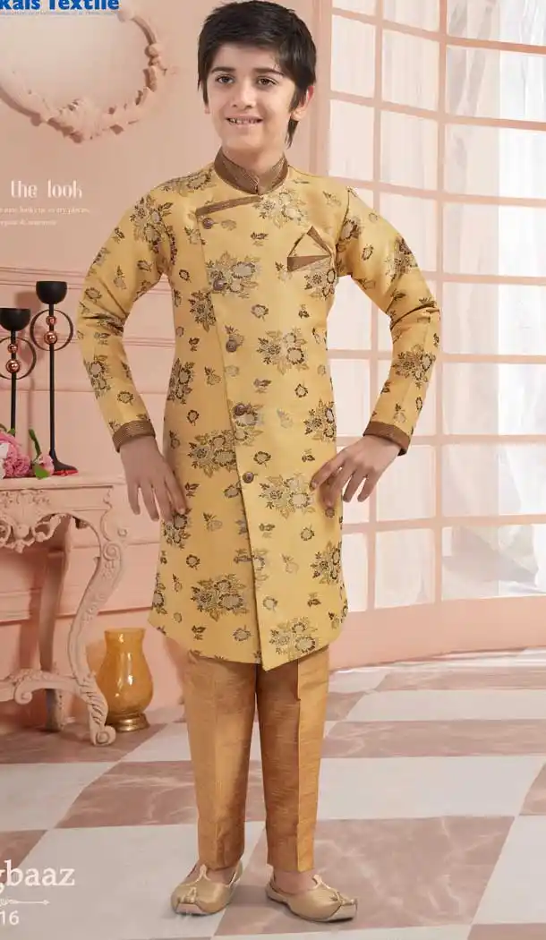 Yellow Gold Color Jacquard Readymade Kid Boys Kurta Pajama -VOL171716