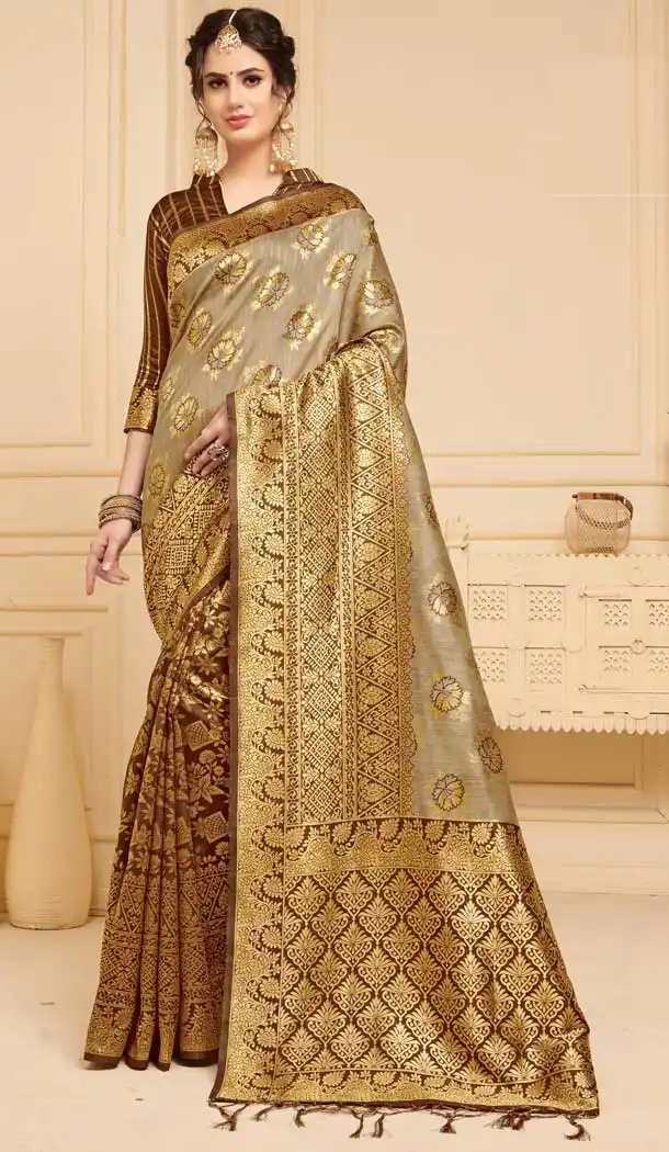 Brown Color Linen Art Silk Traditional Wear Saree Blouse -737691267