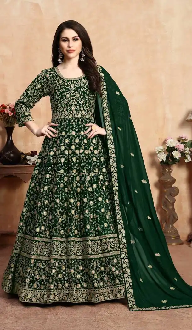 Green Color Faux Georgette Long Anarkali Salwar Kameez -767094373