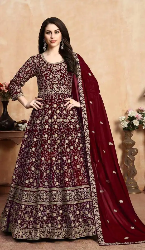 Maroon Color Faux Georgette Long Anarkali Salwar Kameez -767094376