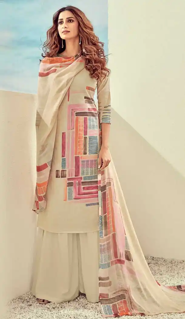 Cream Color Pure Lawn Cotton Casual Wear Palazzo Suit -768294563