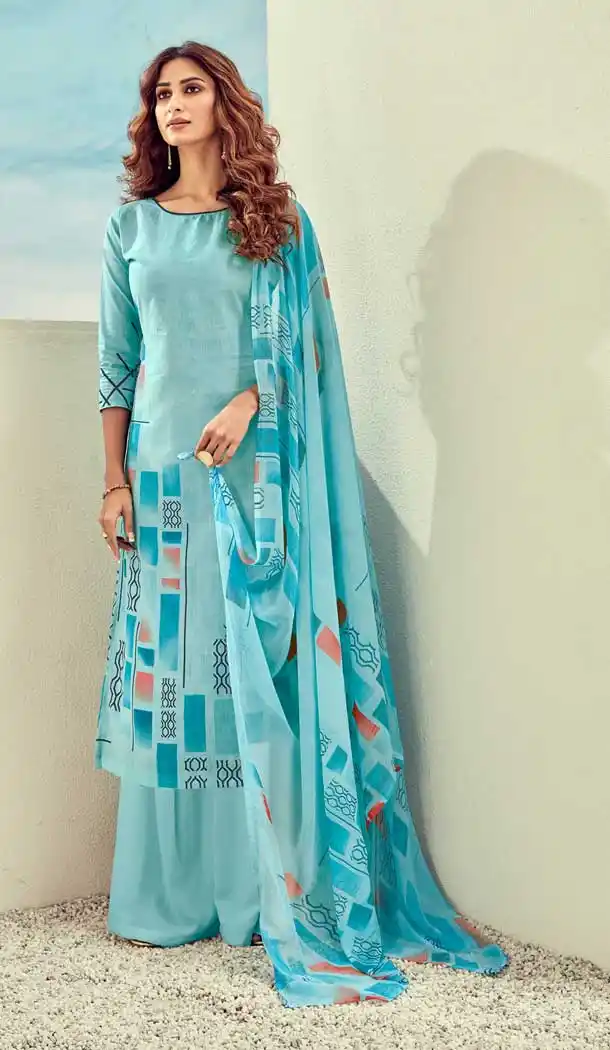 Sky Blue Color Pure Lawn Cotton Casual Wear Palazzo Suit -768294565