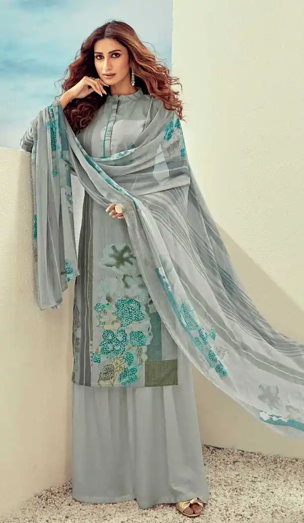 Grey Color Pure Lawn Cotton Casual Wear Palazzo Suit -768294569