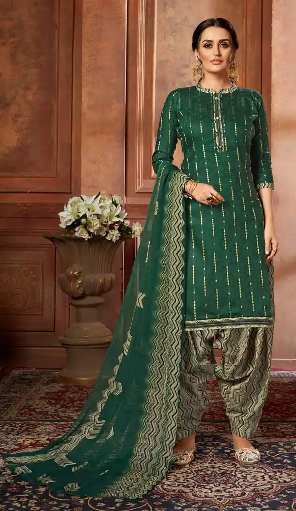 Dark Green Color Pure Zam Jacquard Punjabi Patiyala Salwar Suit -769894677