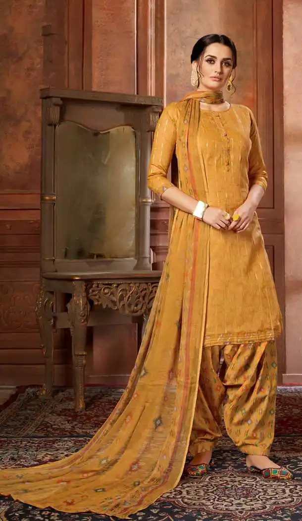 Mustered Color Pure Zam Jacquard Punjabi Patiyala Salwar Suit -769894681