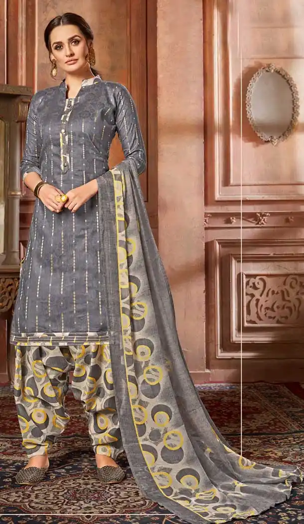 Grey Color Pure Zam Jacquard Punjabi Patiyala Salwar Suit -769894685