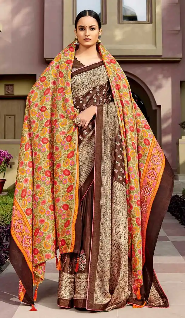 Glamorous Brown Color Chanderi Silk Casual Wear Saree Blouse -768494582