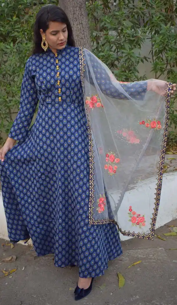 Navy Blue Color Cotton Jacquard Readymade Salwar Kameez -PF72913024