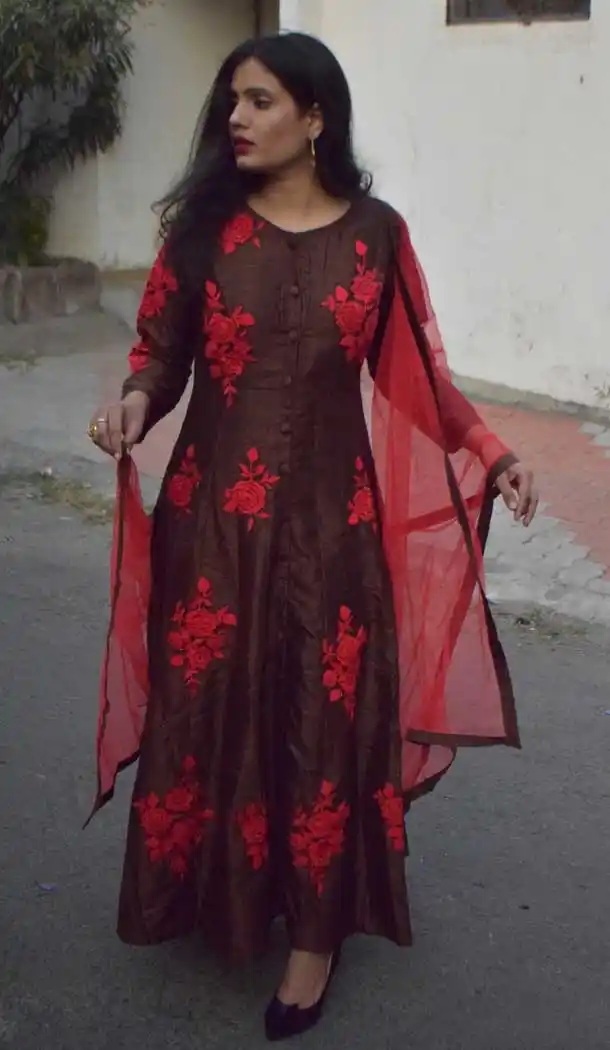 Brown Color Art Silk Party Wear Readymade Salwar Kameez -PF72913028