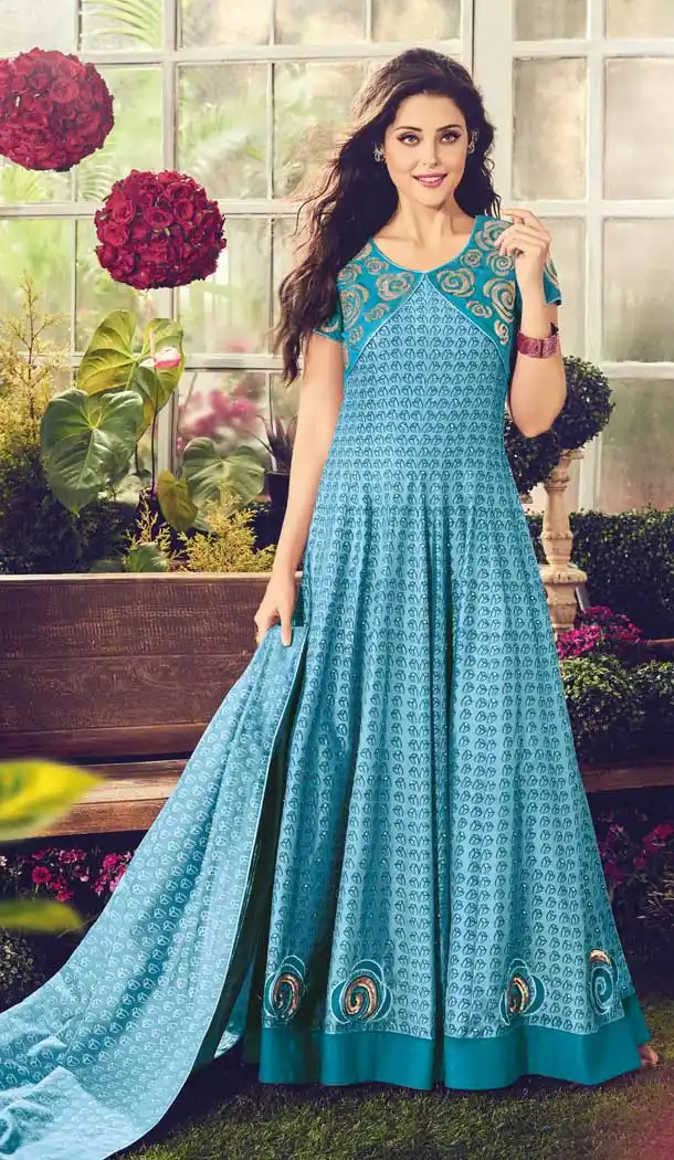 Wonderful  Blue Color Cotton Designer Floor Length Salwar Kameez -pf74784599
