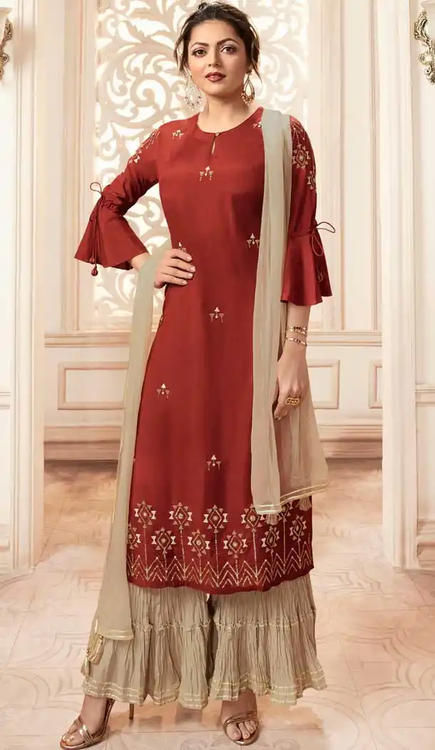 Maroon Color Viscose Rayon Drashti Dhami Readymade Sharara Suit -pf75225022
