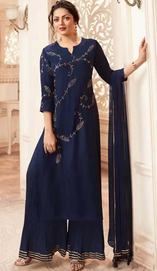 Navy Blue Color Viscose Rayon Drashti Dhami Readymade Sharara Suit -pf75225023