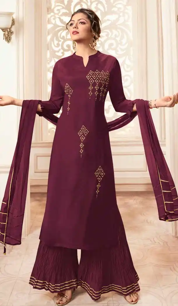 Wine Color Viscose Rayon Drashti Dhami Readymade Sharara Suit -pf75225024