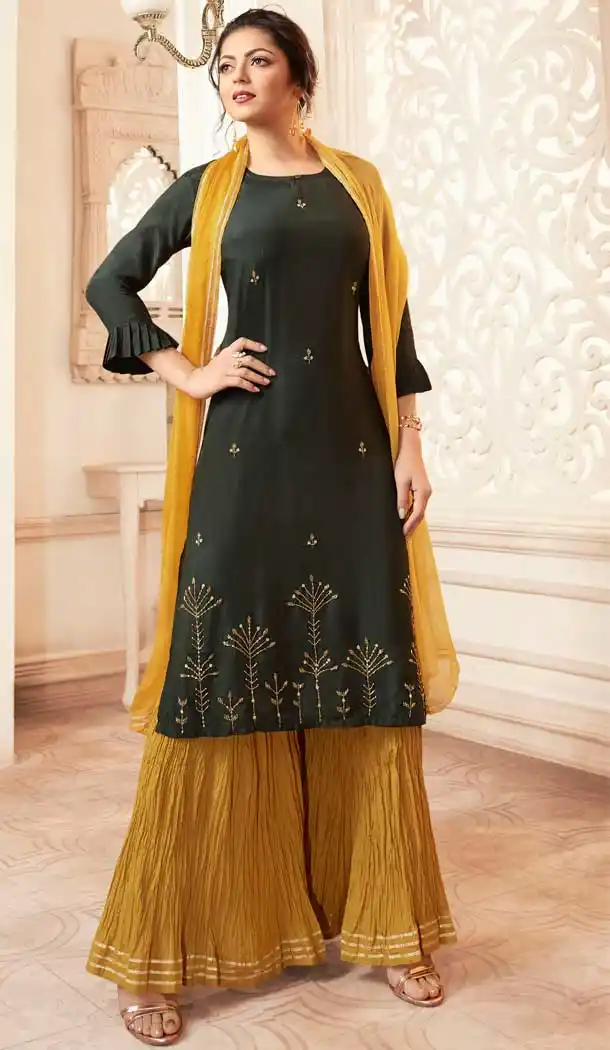 Pine Green Color Viscose Rayon Drashti Dhami Readymade Sharara Suit -pf75225025