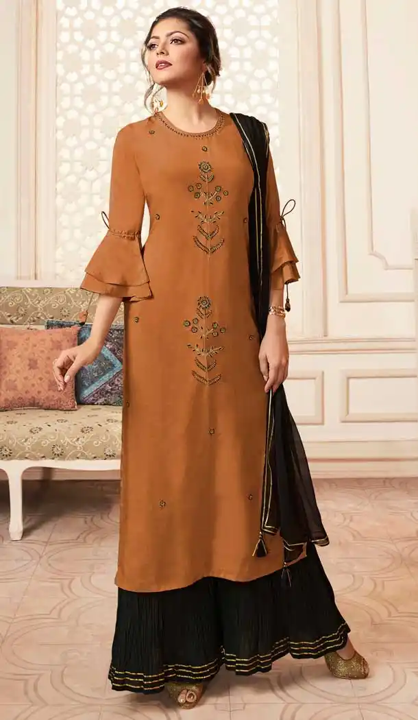Rust Orange Color Viscose Rayon Drashti Dhami Readymade Sharara Suit -pf75225026