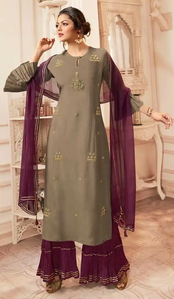 Grey Color Viscose Rayon Drashti Dhami Readymade Sharara Suit -pf75225028
