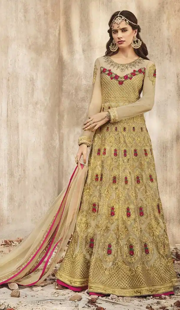 Elegance Beige Color Net Designer Wedding Salwar Kameez -pf75495331